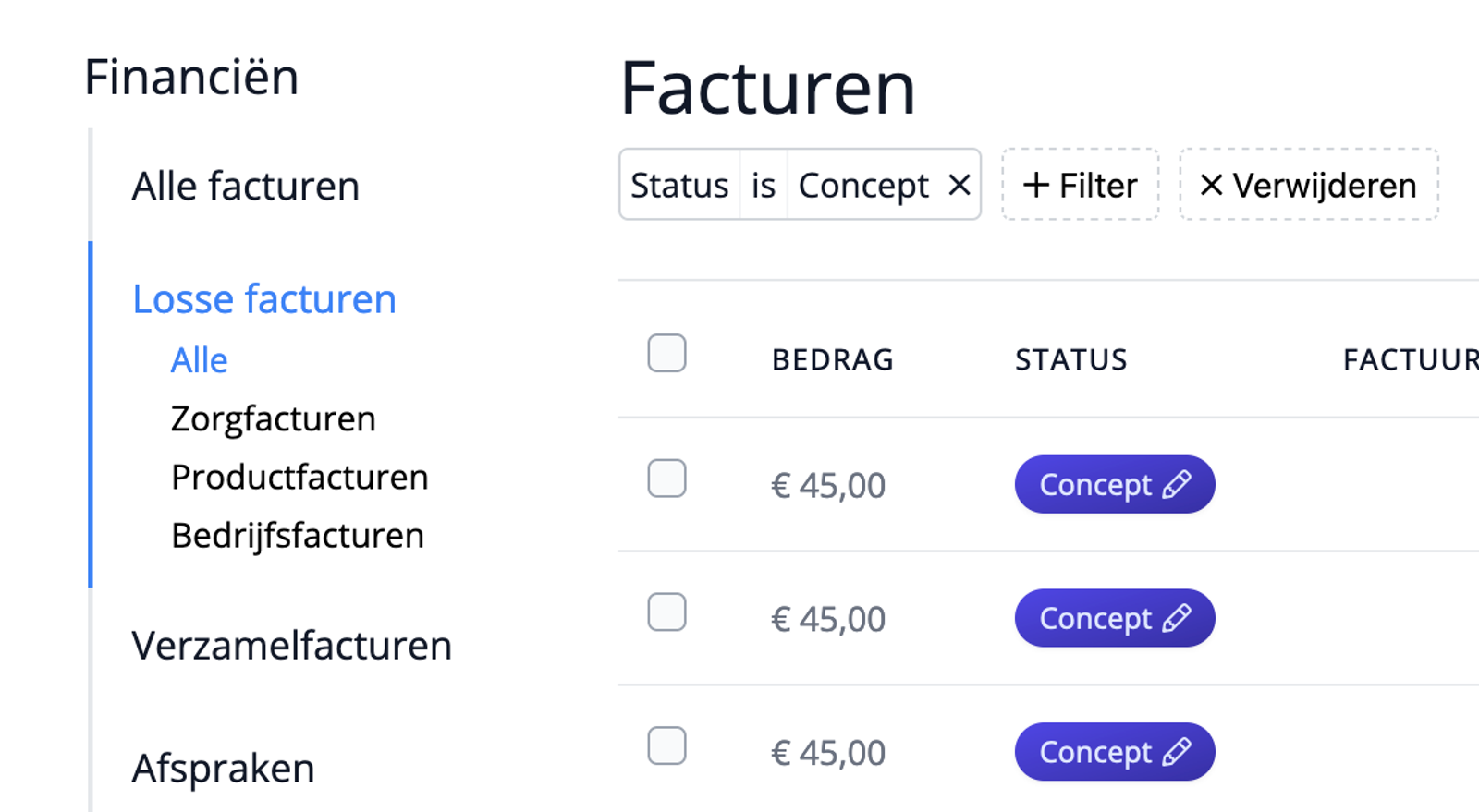 Overzicht van conceptfacturen in Flux