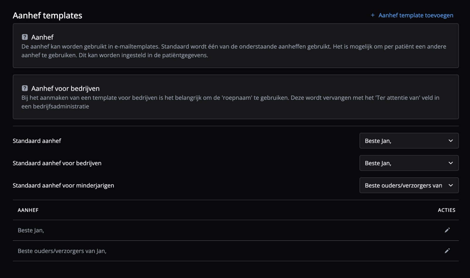 Je kunt de aanhef voor alle communicatie vanuit Flux aan