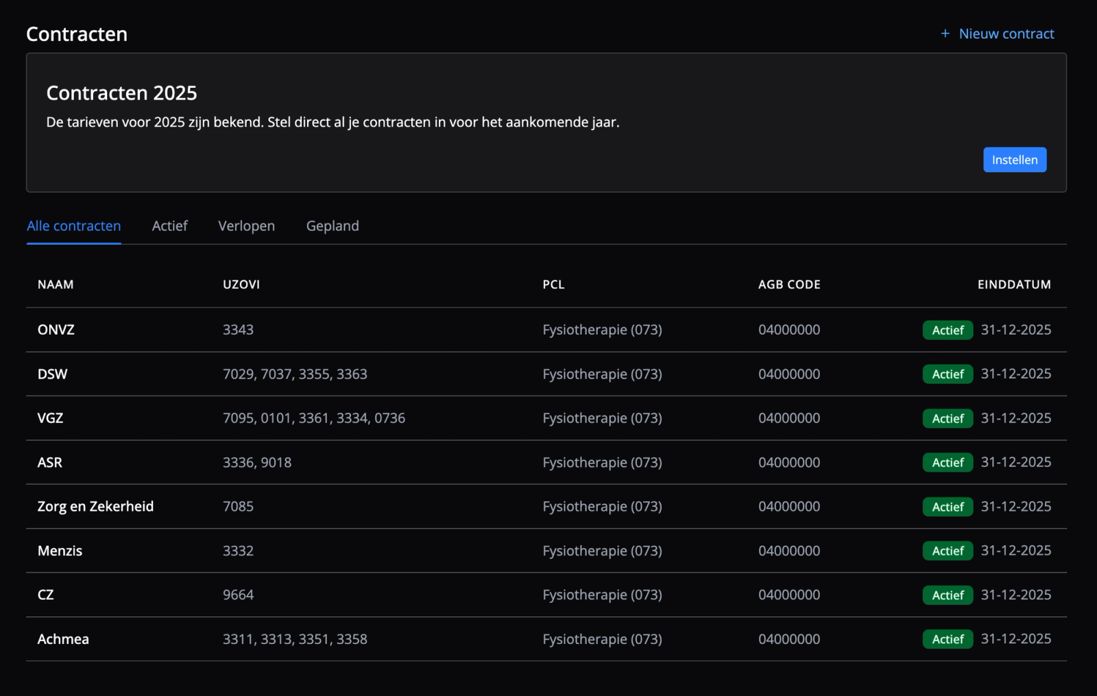 Contractoverzicht in Flux om de contracten met zorgverzekeraars te regelen