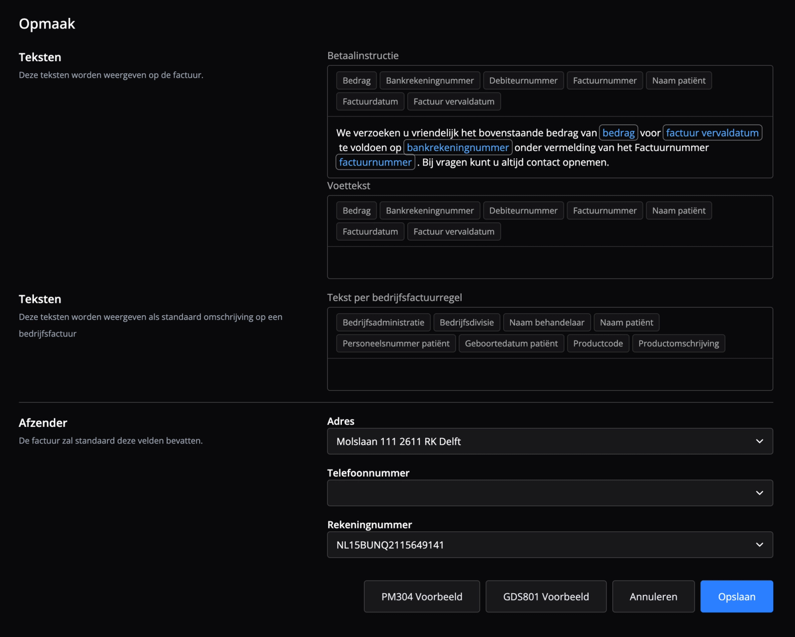 Je kunt de factuuropmaak instellen in Flux