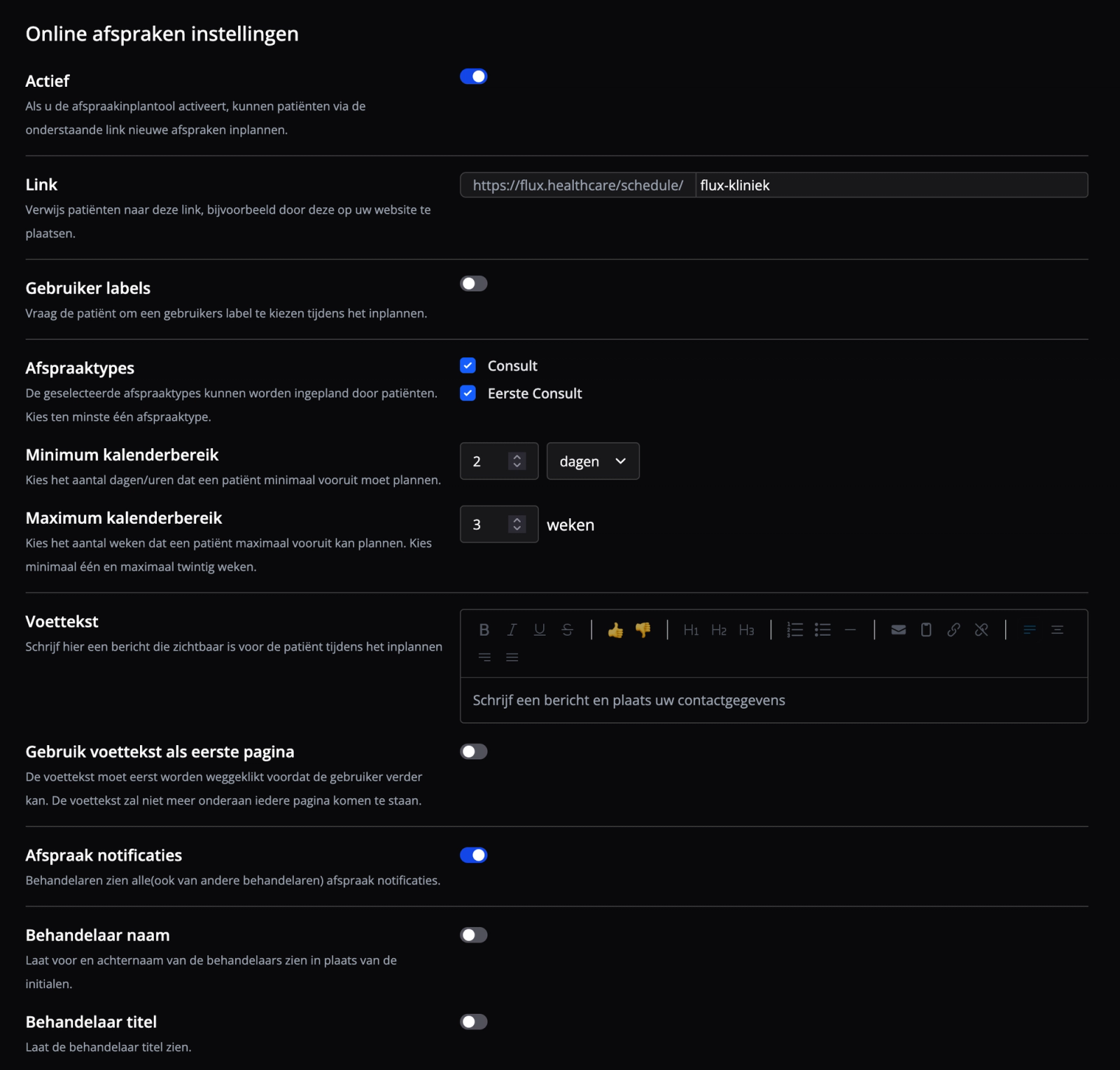 In Flux online afspraken instellen zodat een patient zelf kan inplannen