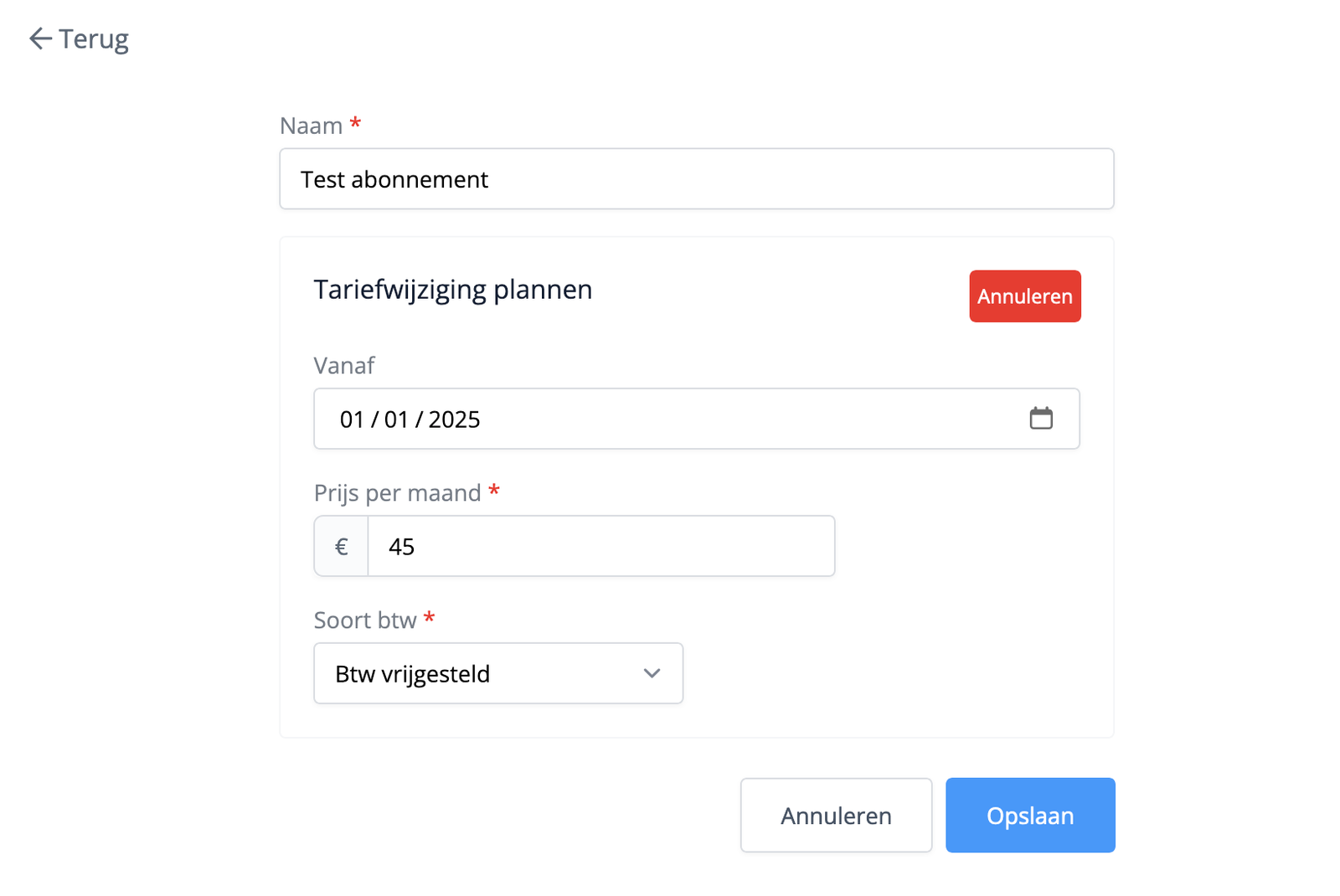 Nieuwe prijs van een abonnement doorvoeren in Flux