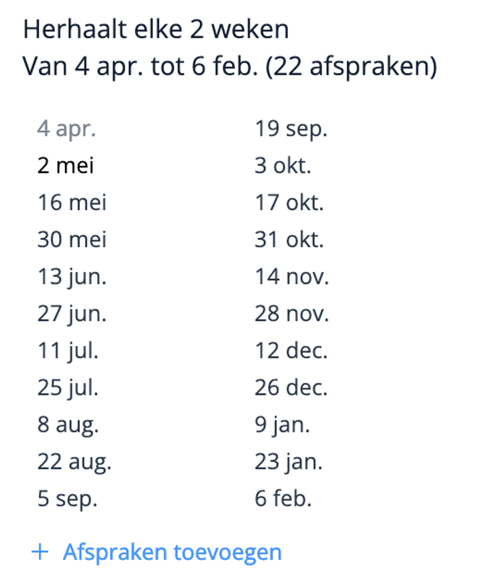 Extra afspraken toevoegen aan herhaalafspraken