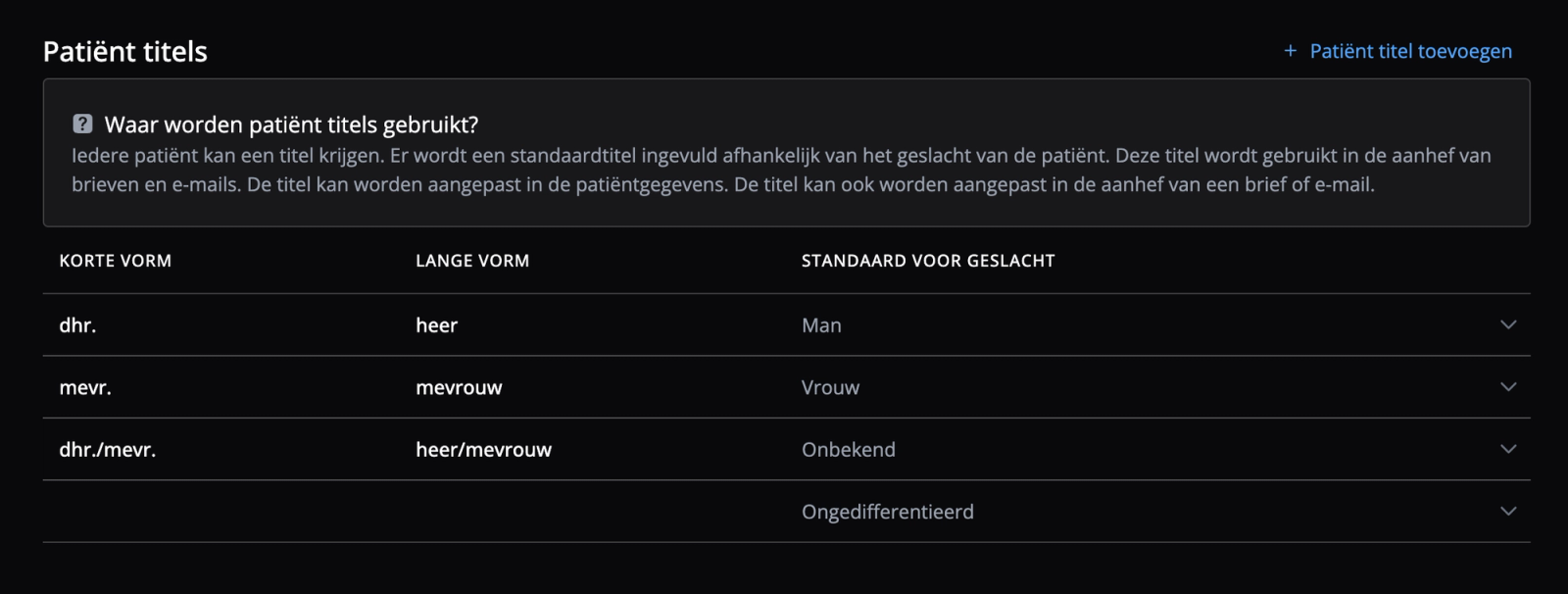 Het overzicht van de instellingen van de patiënt titels pagina