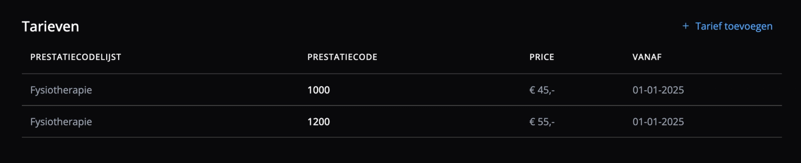 Tarieven in Flux van de zorg die je zelf in rekening brengt bij de patiënt