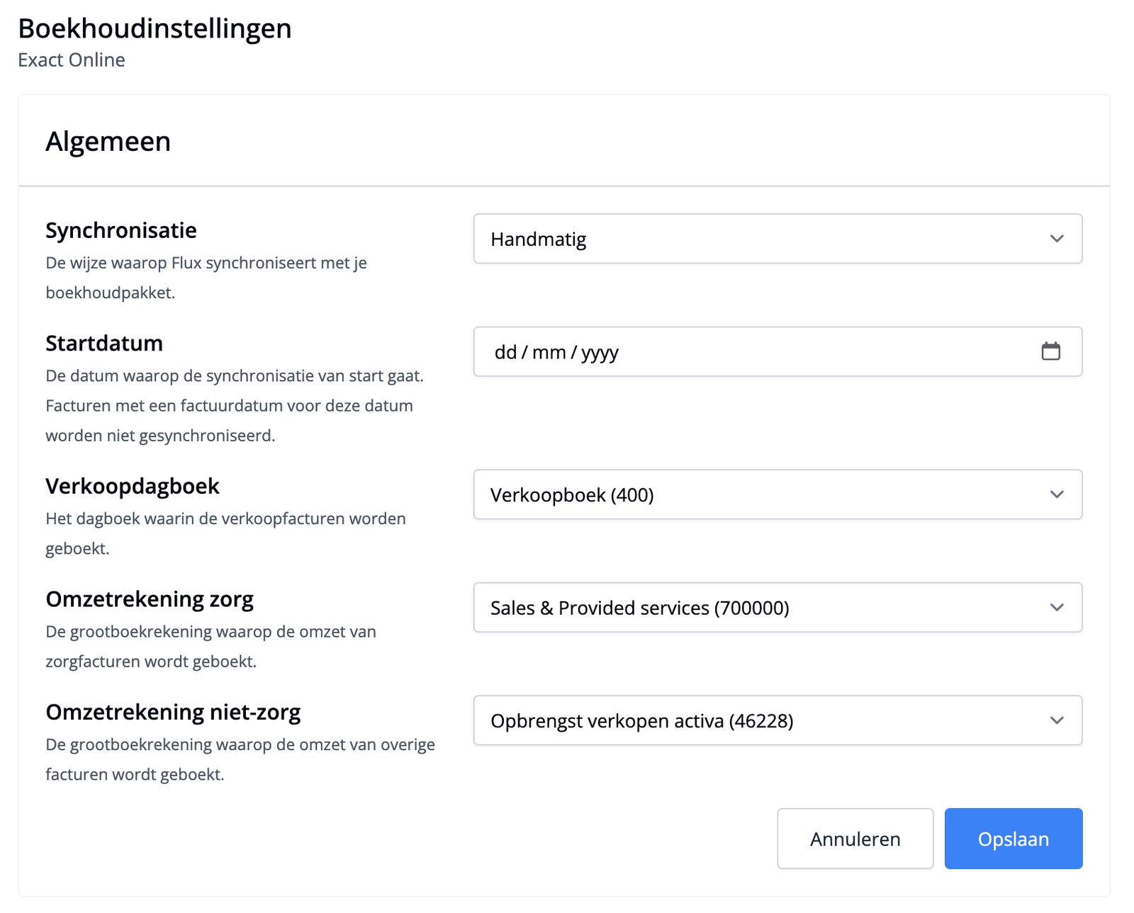 Boekhoudinstellingen van Exact Online in Flux