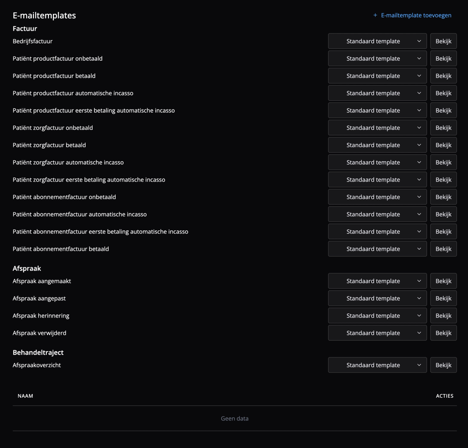 E-mailtemplates zijn makkelijk in te stellen in Flux voor facturatie, afspraken en behandeltrajecten