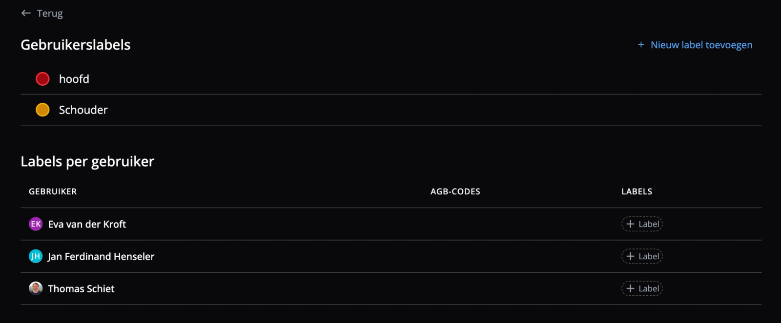 De verschillende gebruikerslabels worden getoond in een overzichtelijke tabel