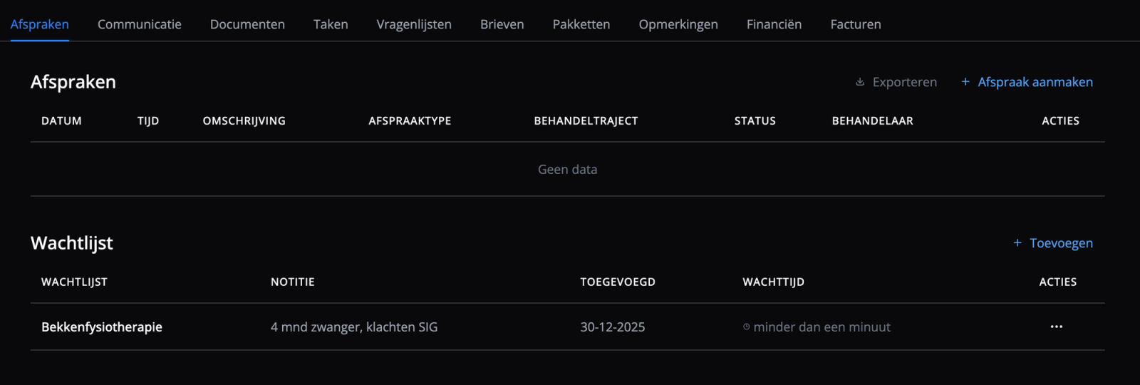 Wachtlijsten bij de patiënt bij afsprakentab in Flux