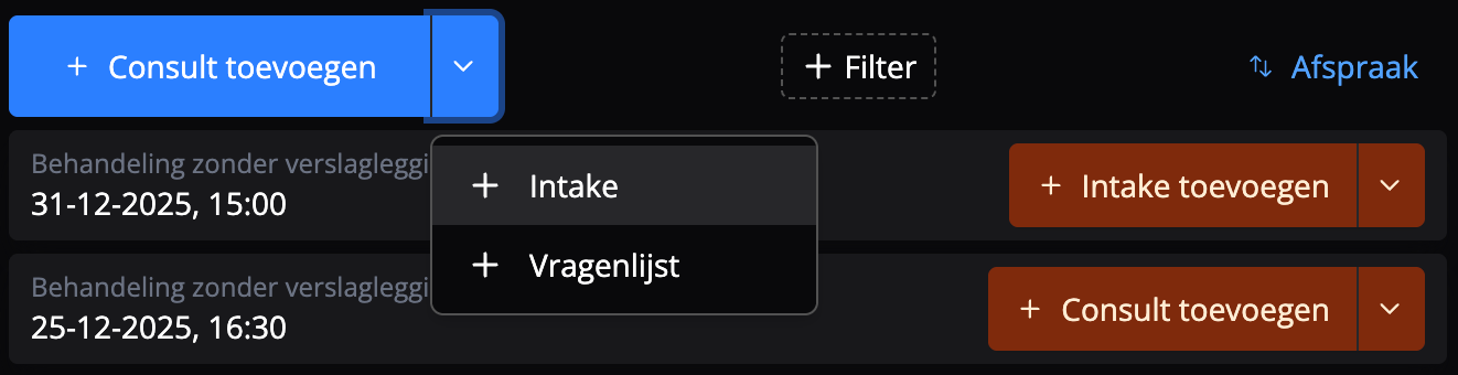 Intake toevoegen via chevron naar beneden