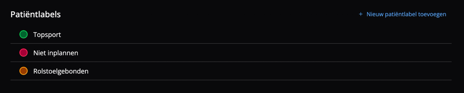 De verschillende patiëntlabels worden getoond in een overzichtelijke tabel