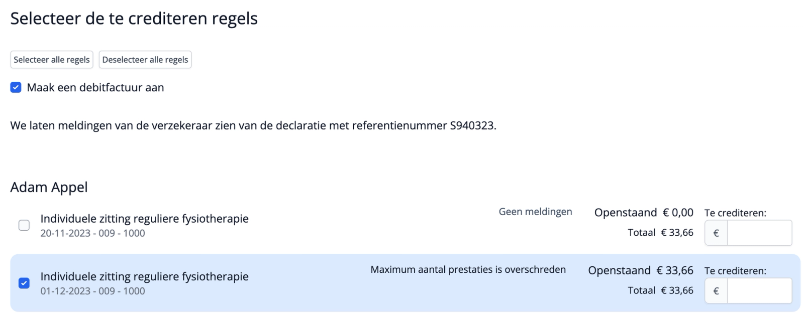 De afgekeurde declaratieregels moeten eerst gecrediteerd worden om weer opnieuw te kunnen verwerken