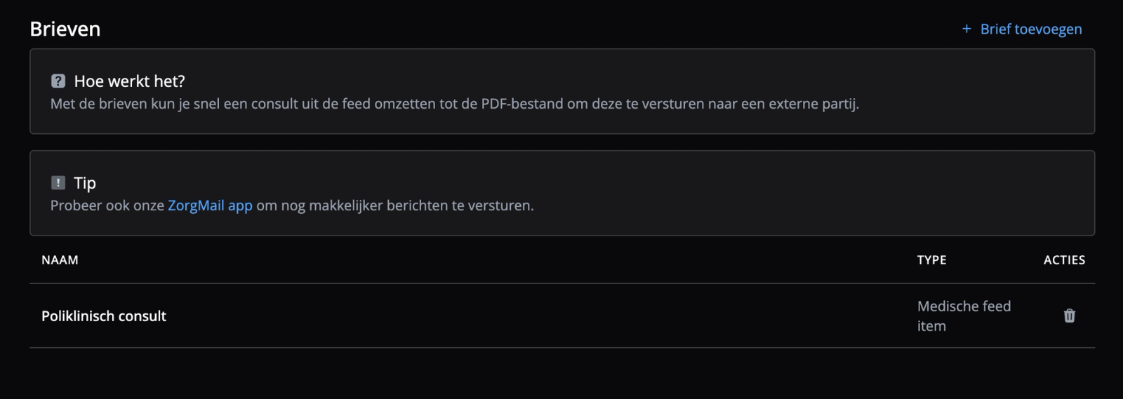 Overzichtelijke tabel voor het weergeven, aanpassen, toevoegen en verwijderen van brieven