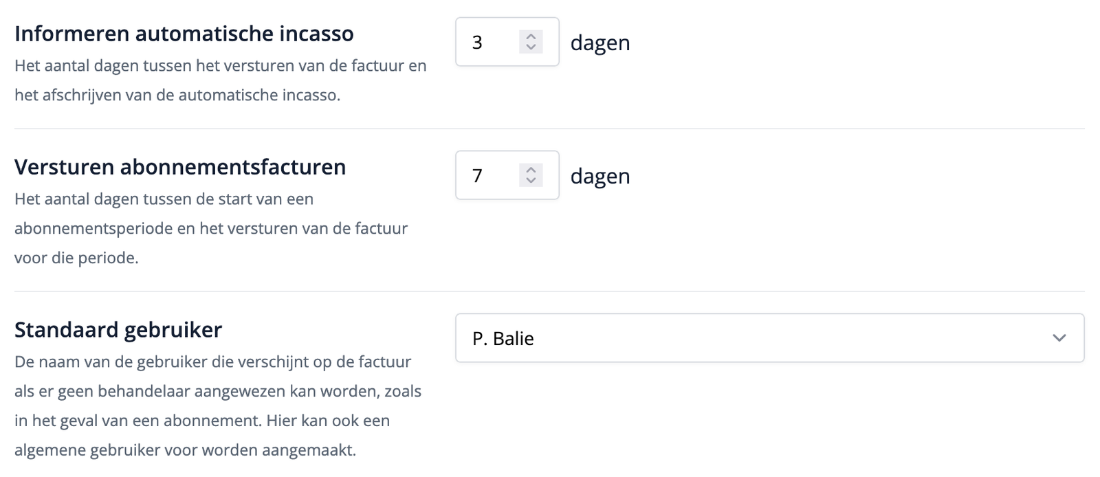 Instellingen om abonnementen te factureren in Flux met automatische incasso