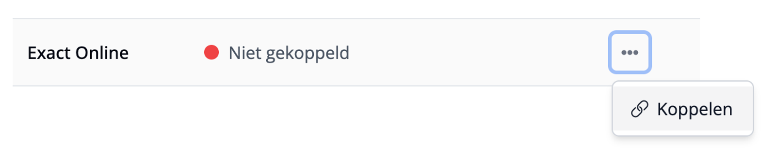 Exact Online configuratrie met status niet gekoppeld en het open menu om met Exact Online te koppelen