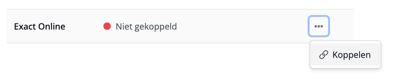 Exact Online configuratrie met status niet gekoppeld en het open menu om met Exact Online te koppelen