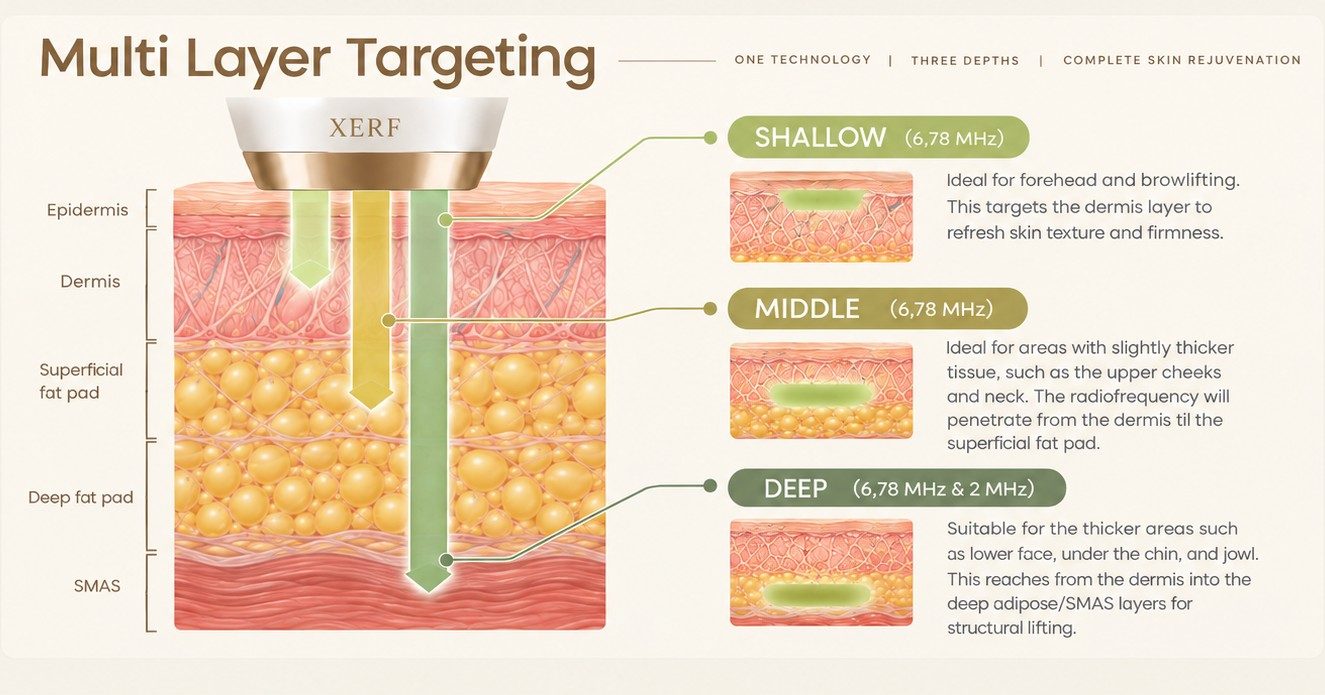 XERF multi-layer targeting diagram: shallow at 6.78 MHz for the forehead and brow, middle at 6.78 MHz for upper cheeks and neck, and deep at 6.78 MHz plus 2 MHz for the lower face, under the chin and jowl.