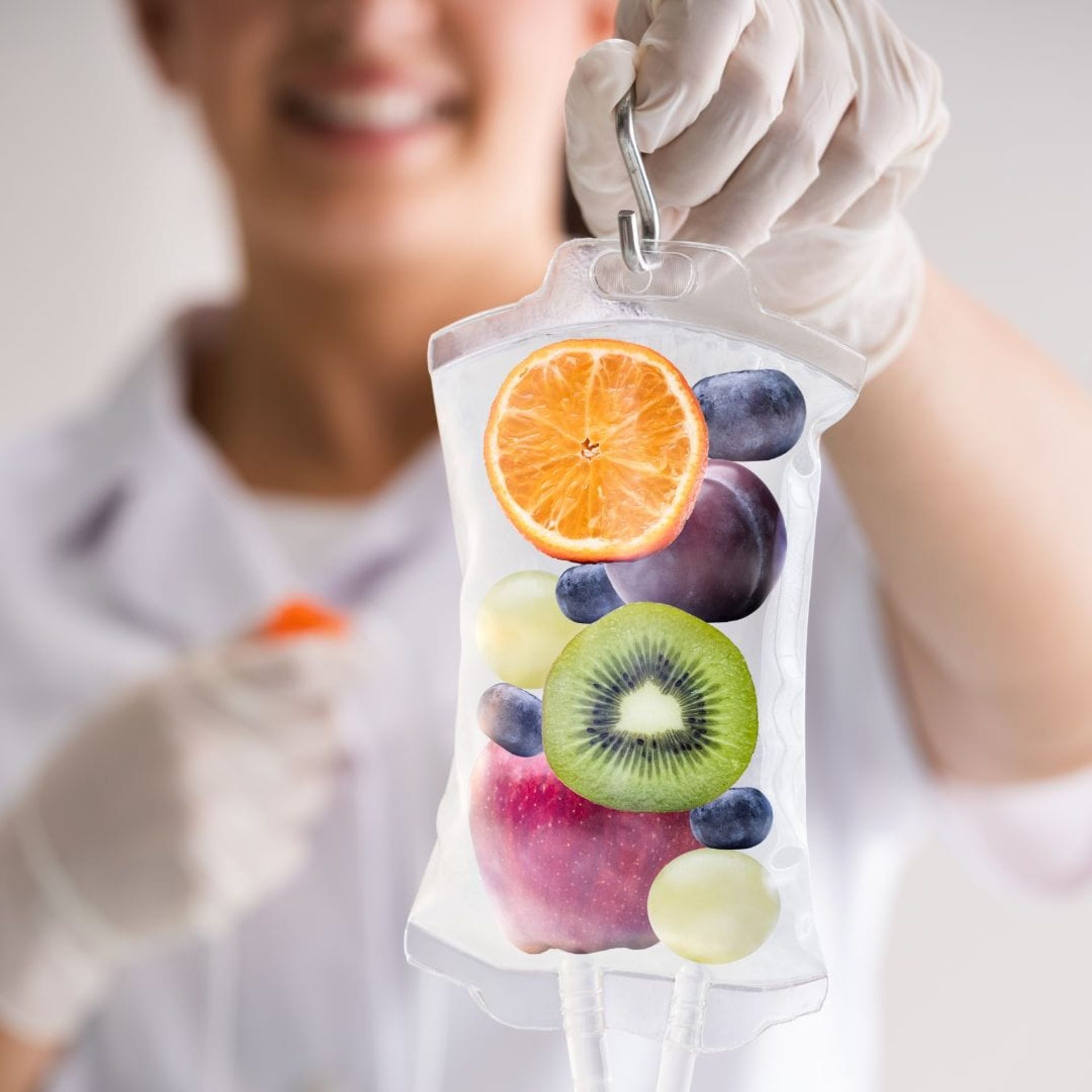 IV drip bag filled with fresh fruit, for a vitamin infusion