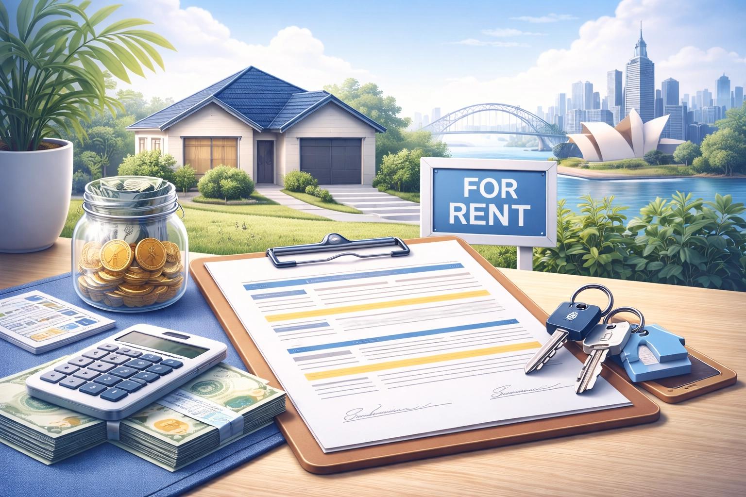 Modern 3D illustration of renting in Australia, showing a house, lease agreement on a clipboard, keys, calculator, and savings jar with Sydney skyline in the background.