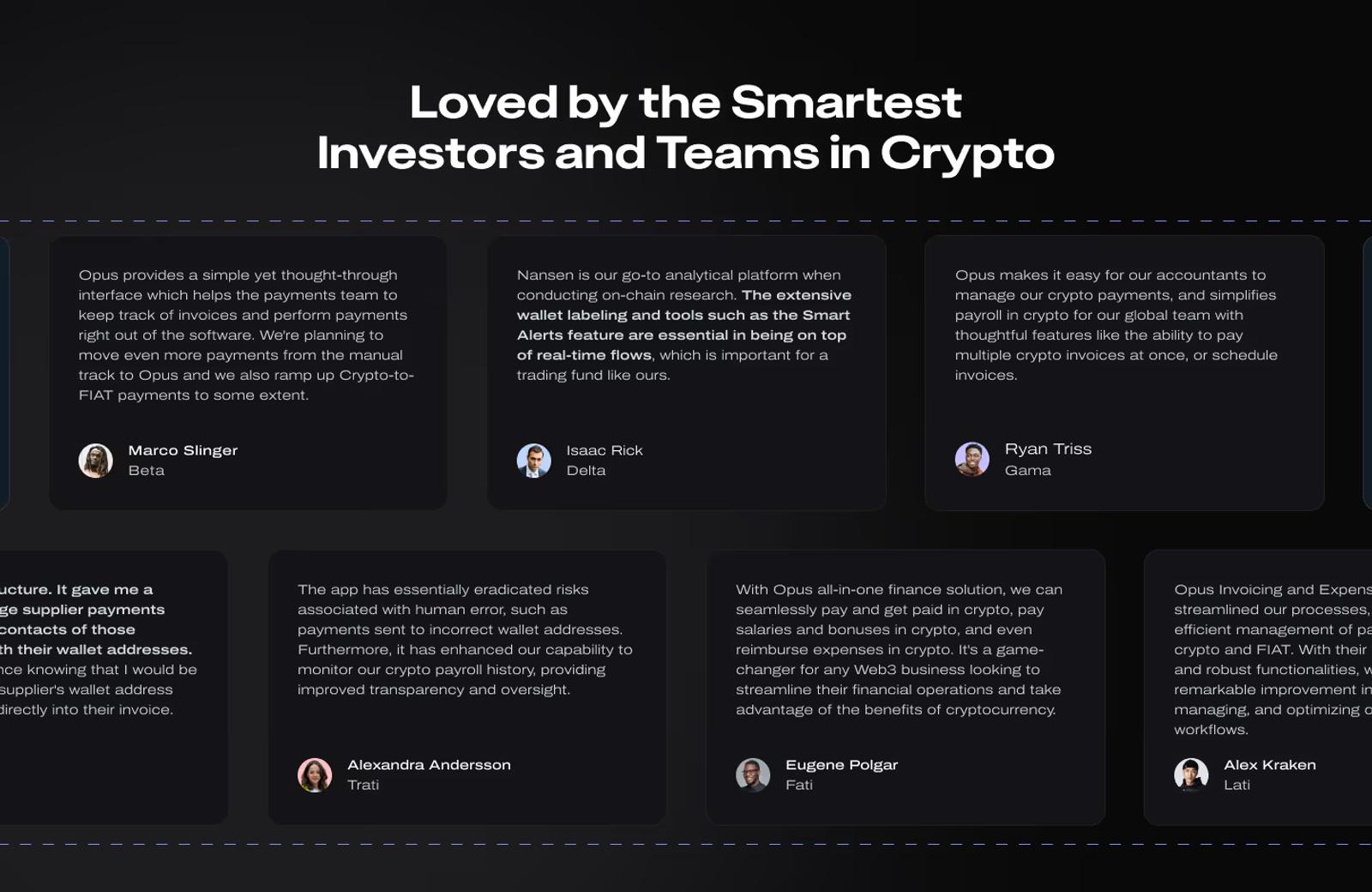 Social-proof testimonials section on a Web3 pricing page
