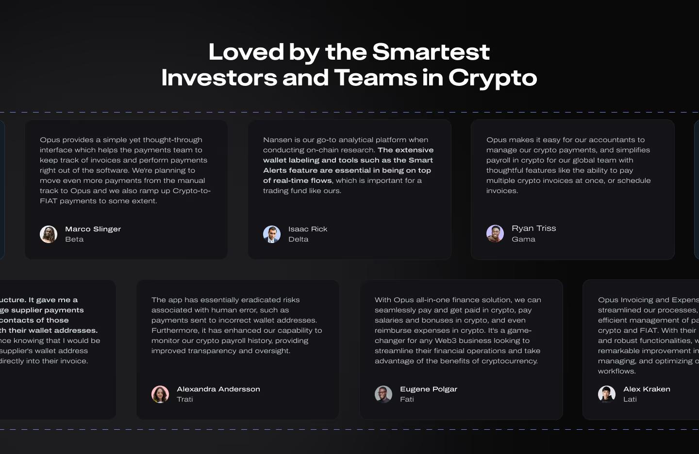 Social-proof testimonials section on a Web3 pricing page