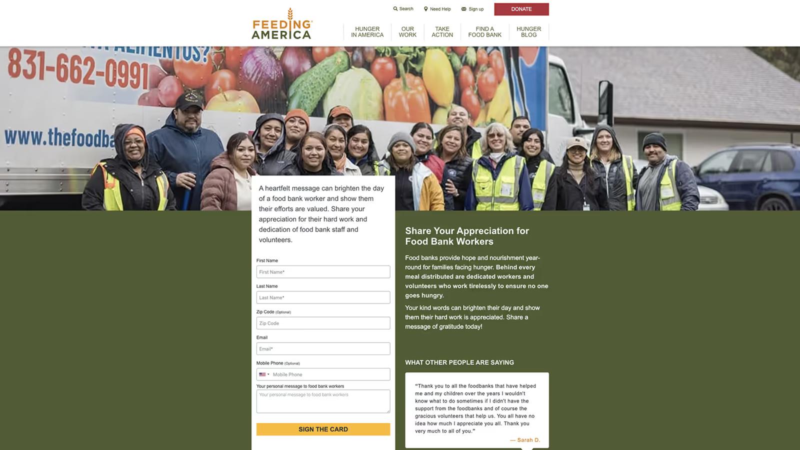 Feeding America Donation Thank You Page Example