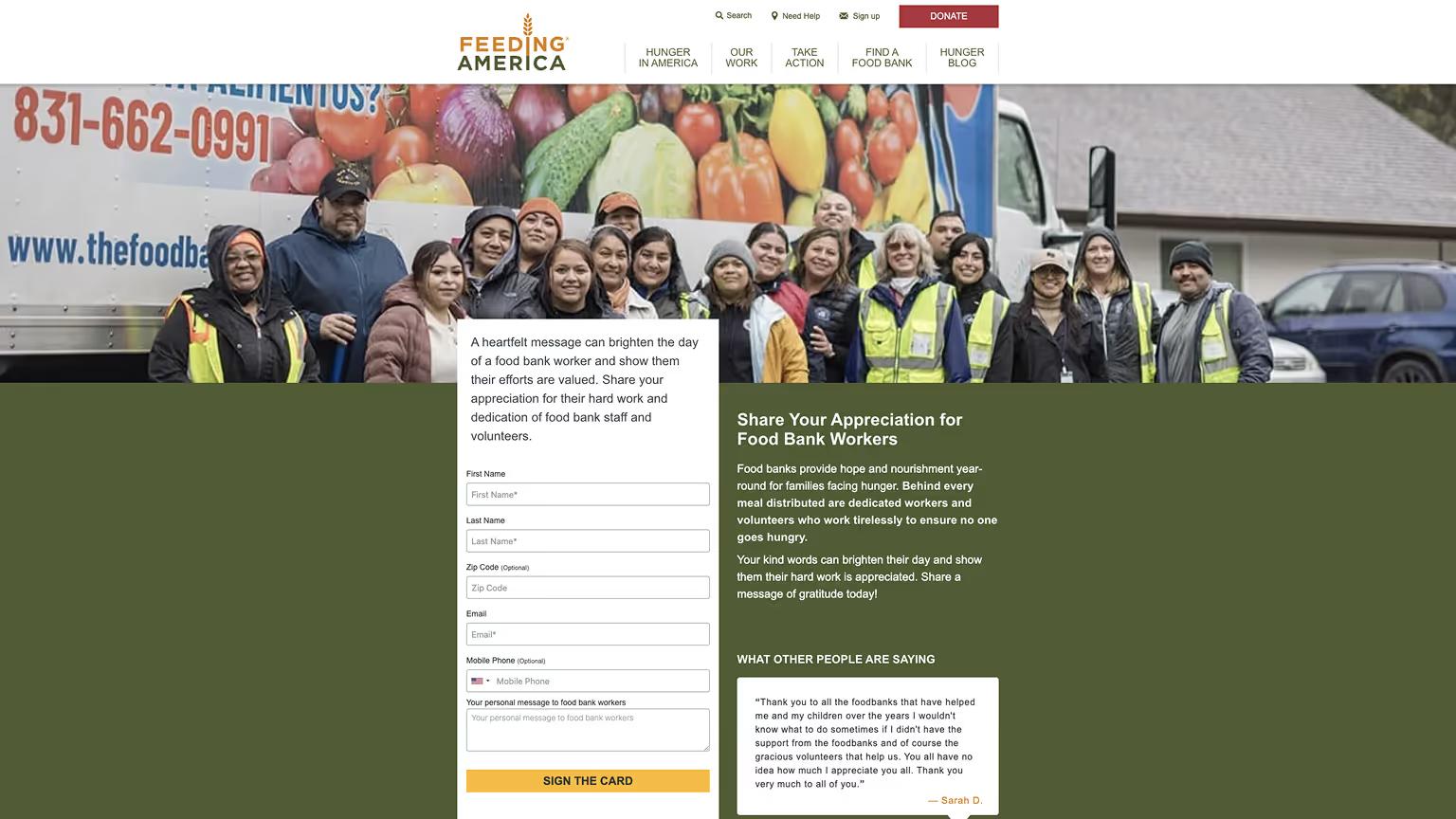 Feeding America Donation Thank You Page Example