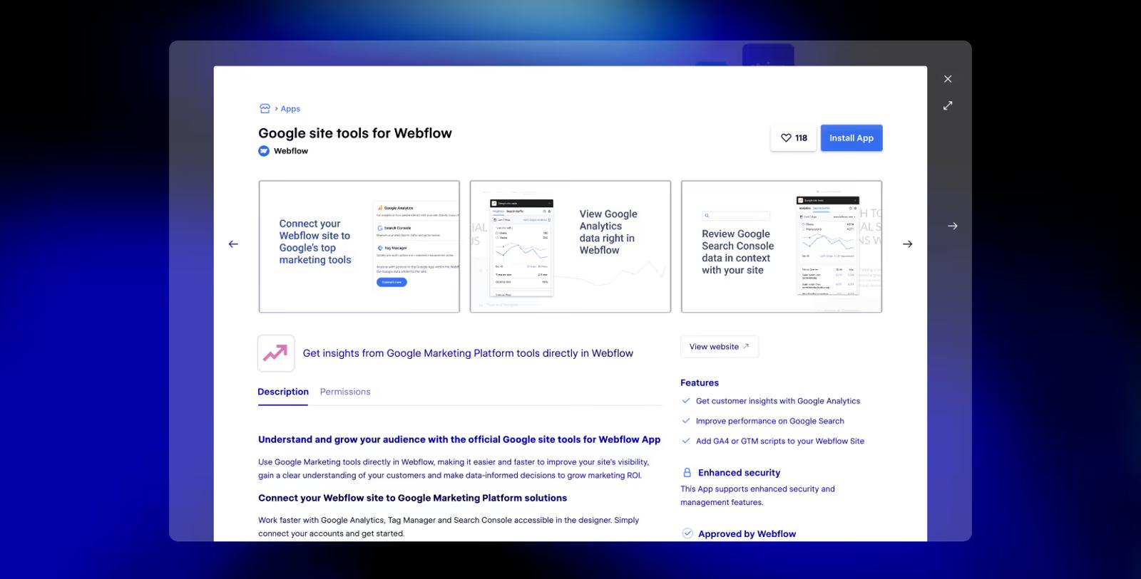 Installing Google site tools for Webflow app