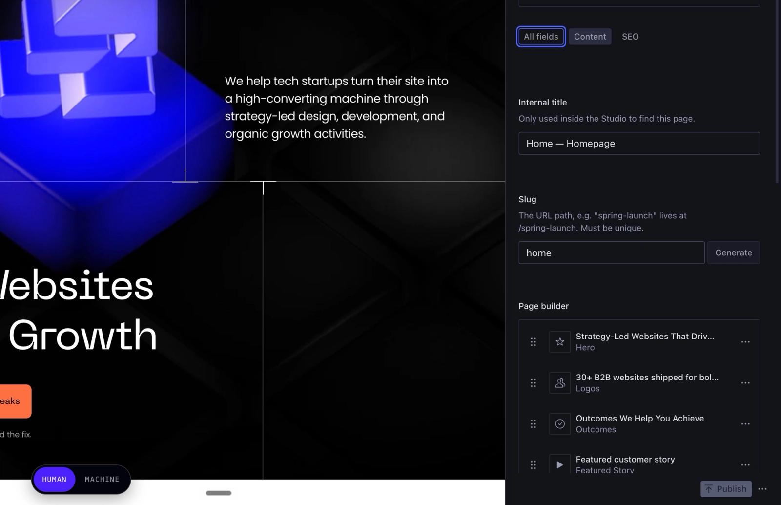 The khod.io homepage's fields in Sanity Studio, with the page builder listing its Hero, Logos, Outcomes and Featured Story sections