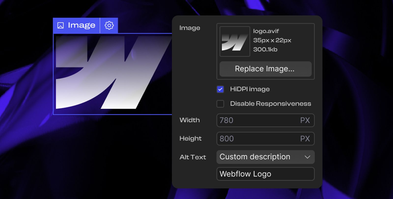 Editing image settings and alt text in Webflow
