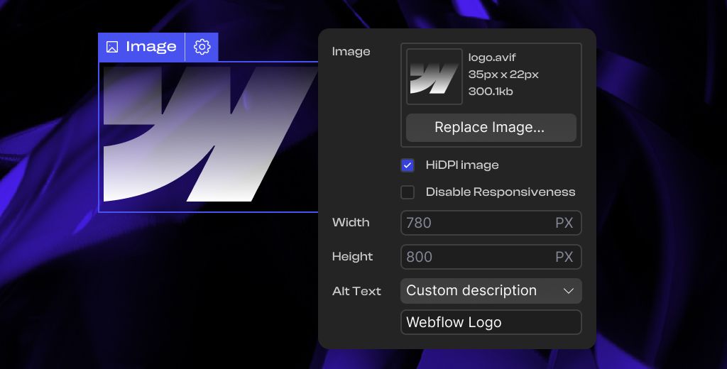 Editing image settings and alt text in Webflow