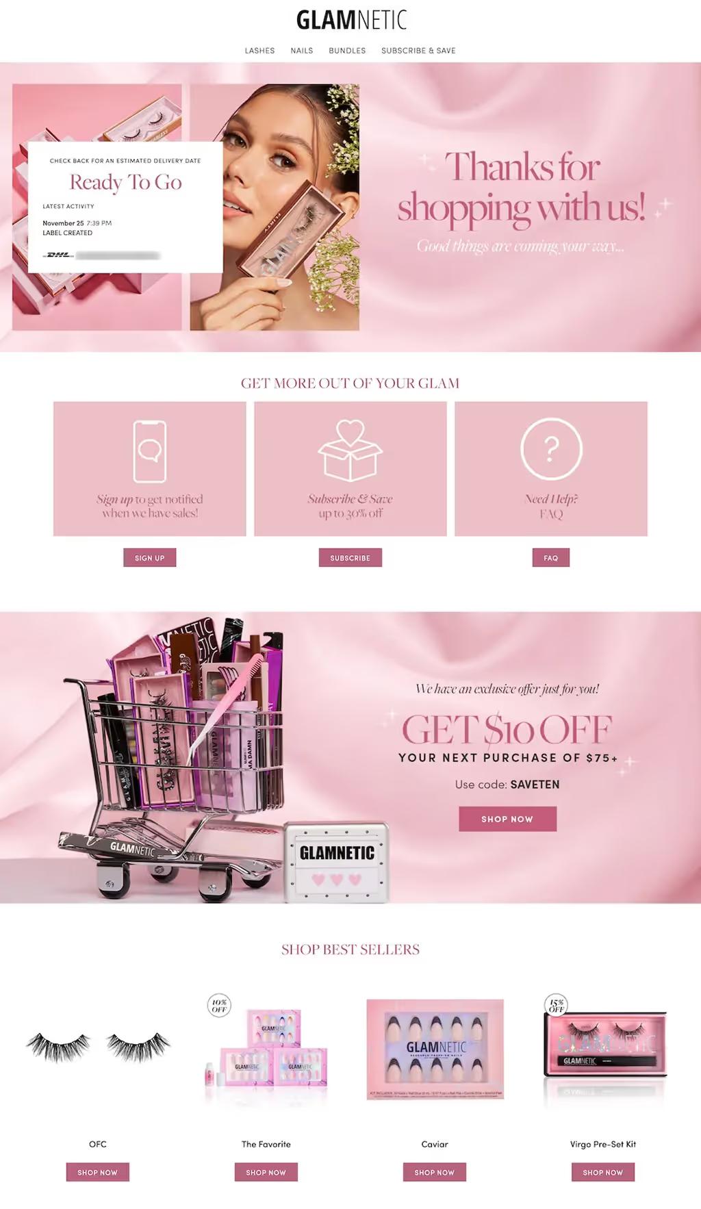 Glamnetic Eccomerce Thank You Page Example