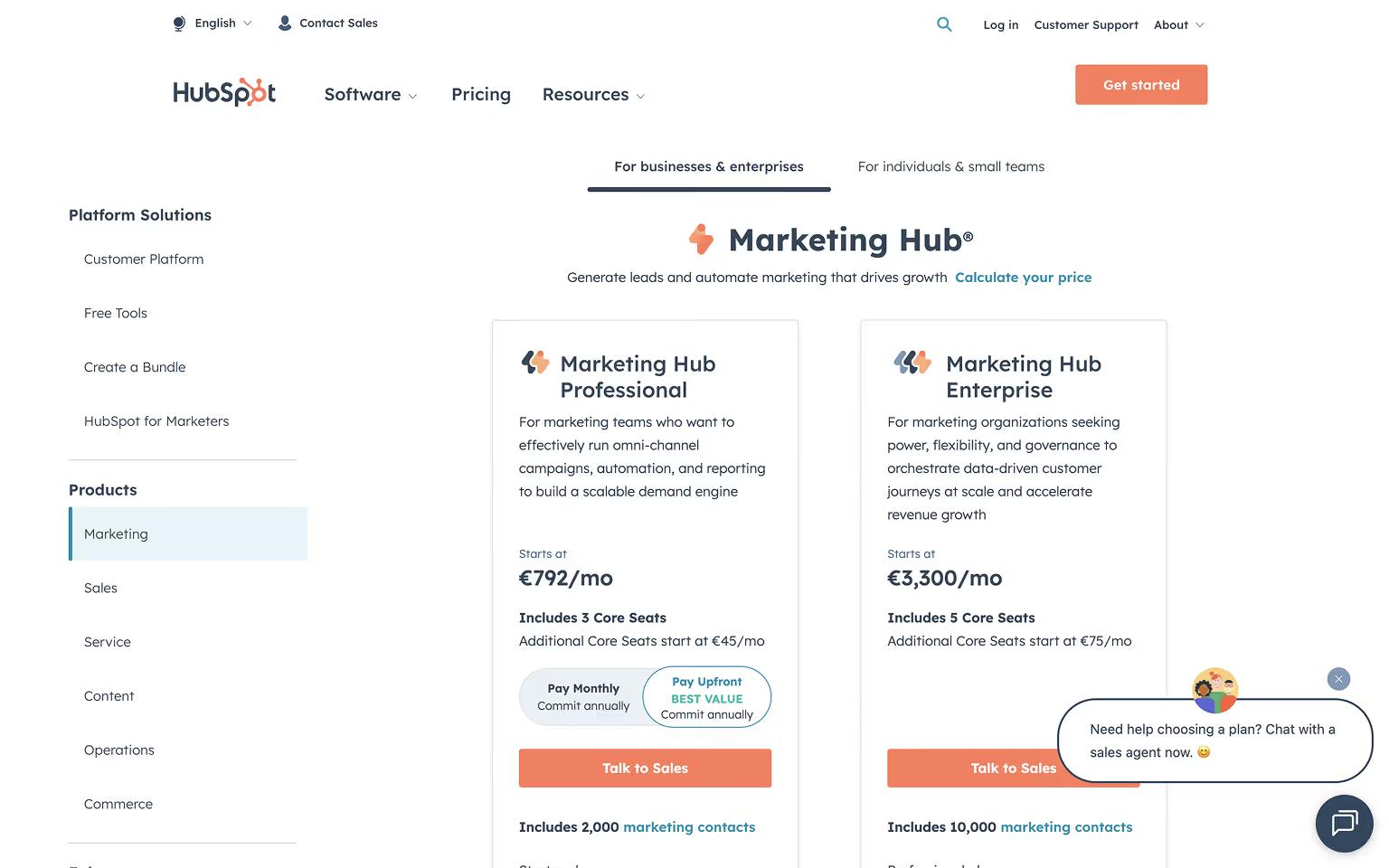 HubSpot Pricing Page Example