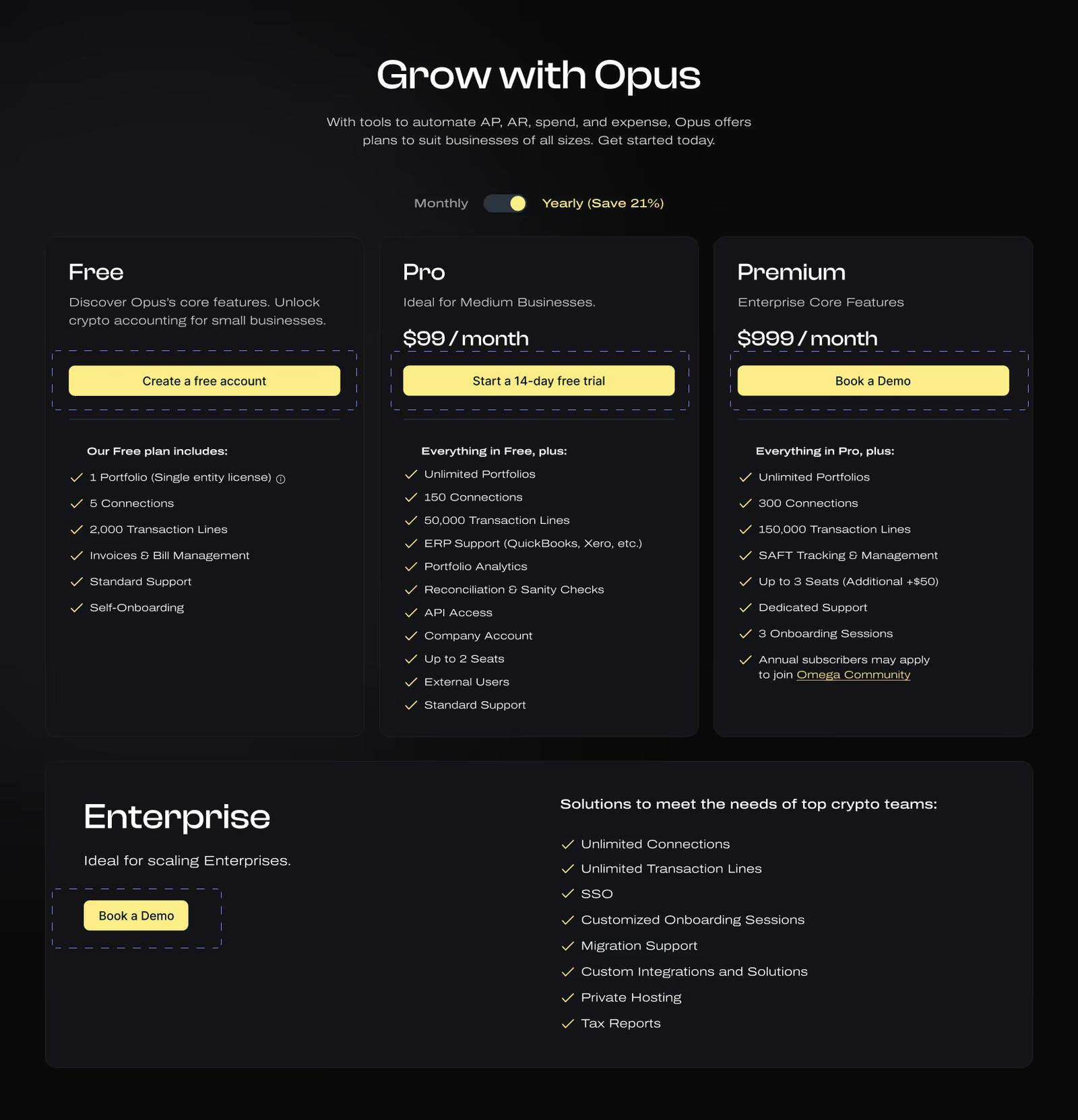 Pricing plan call-to-action buttons on a Web3 pricing page