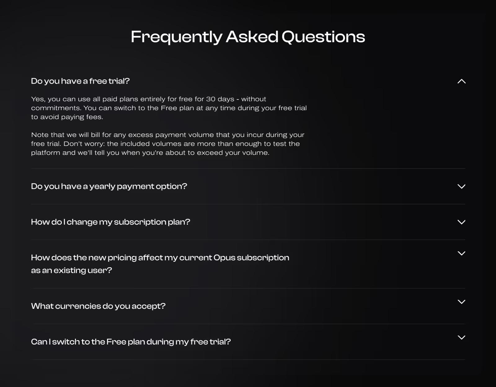 FAQ section example on a Web3 pricing page