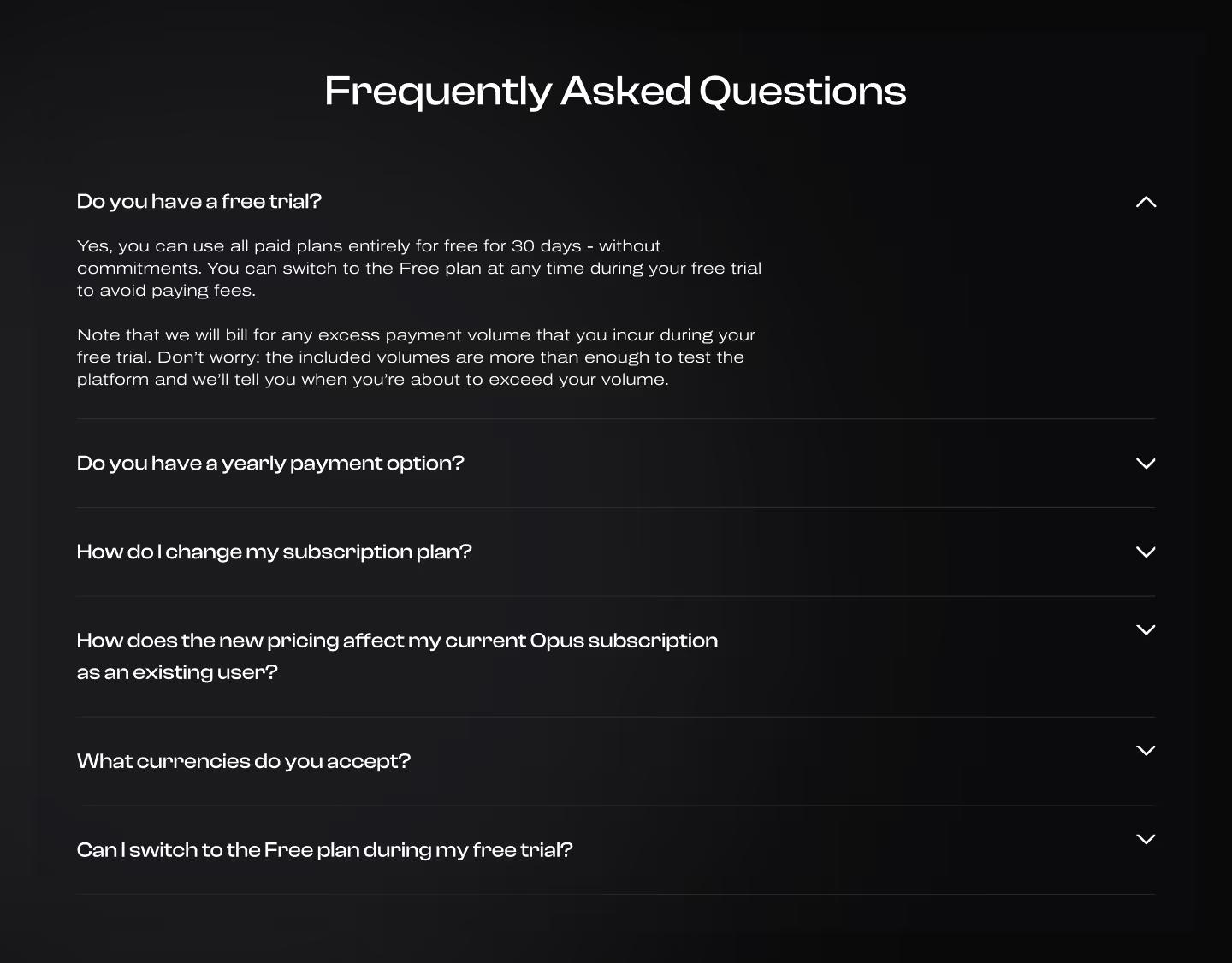 FAQ section example on a Web3 pricing page