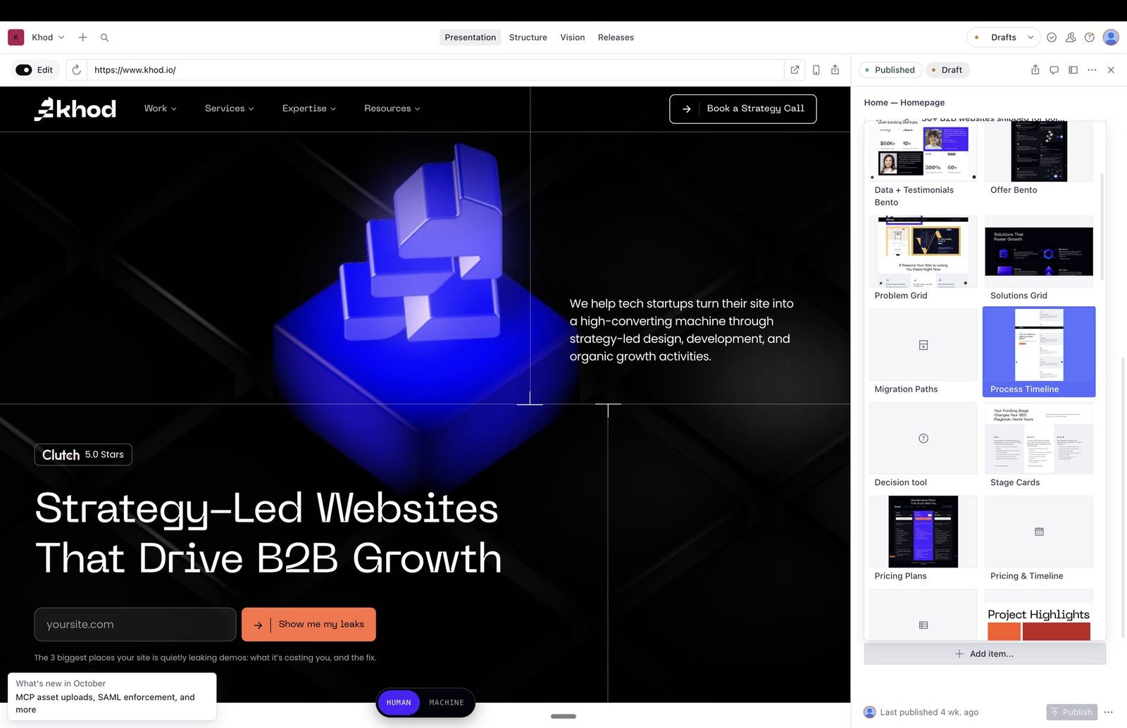 Sanity Studio's Presentation tool on khod.io: the live homepage on the left and the page builder's Add item menu on the right, with section types such as Problem Grid, Process Timeline, Pricing Plans and Decision tool