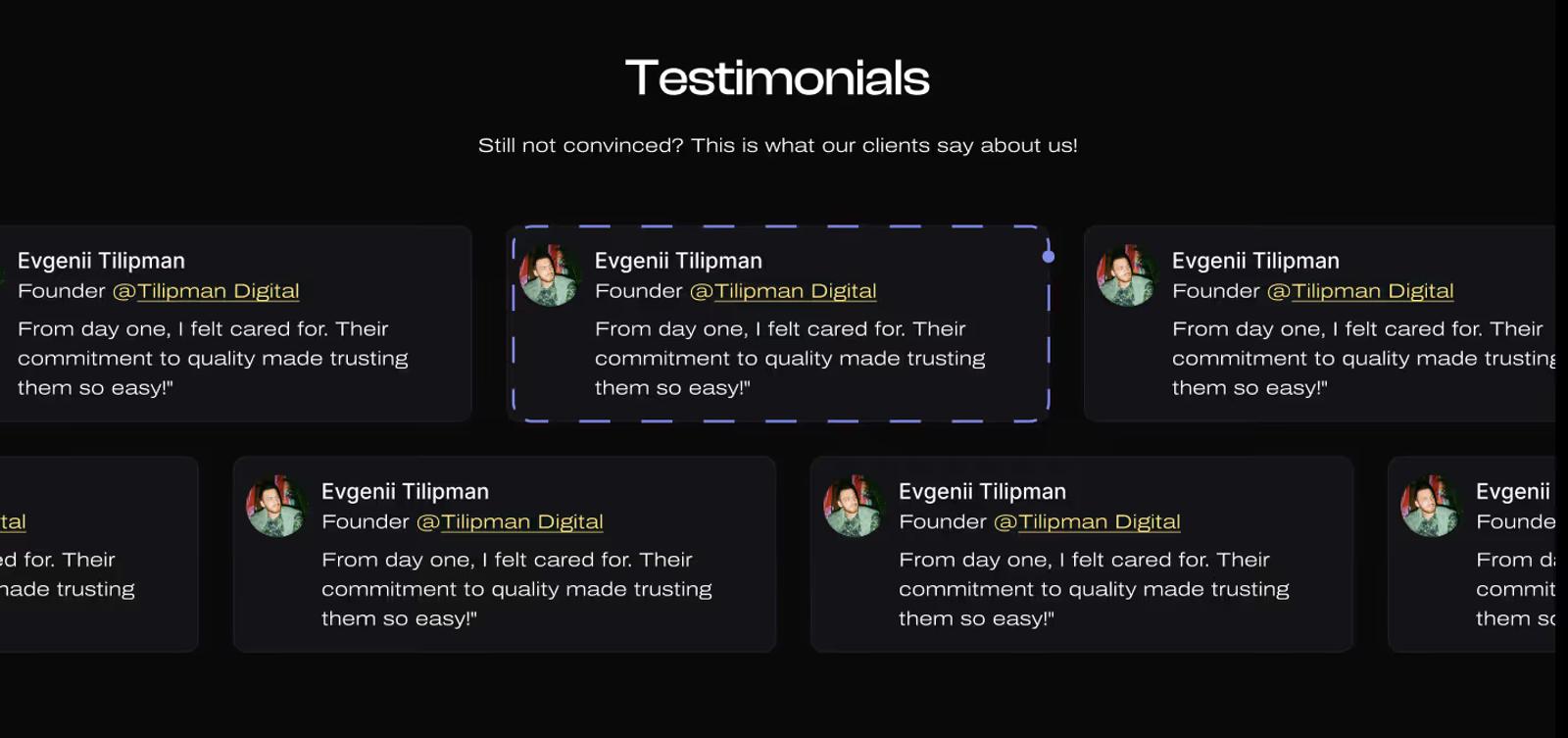 Testimonials section example on a Web3 product page