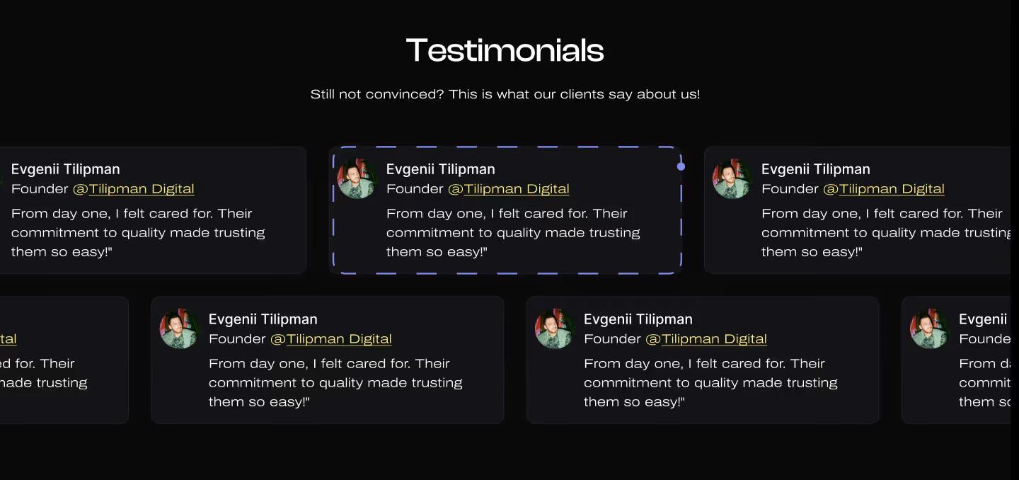 Testimonials section example on a Web3 product page