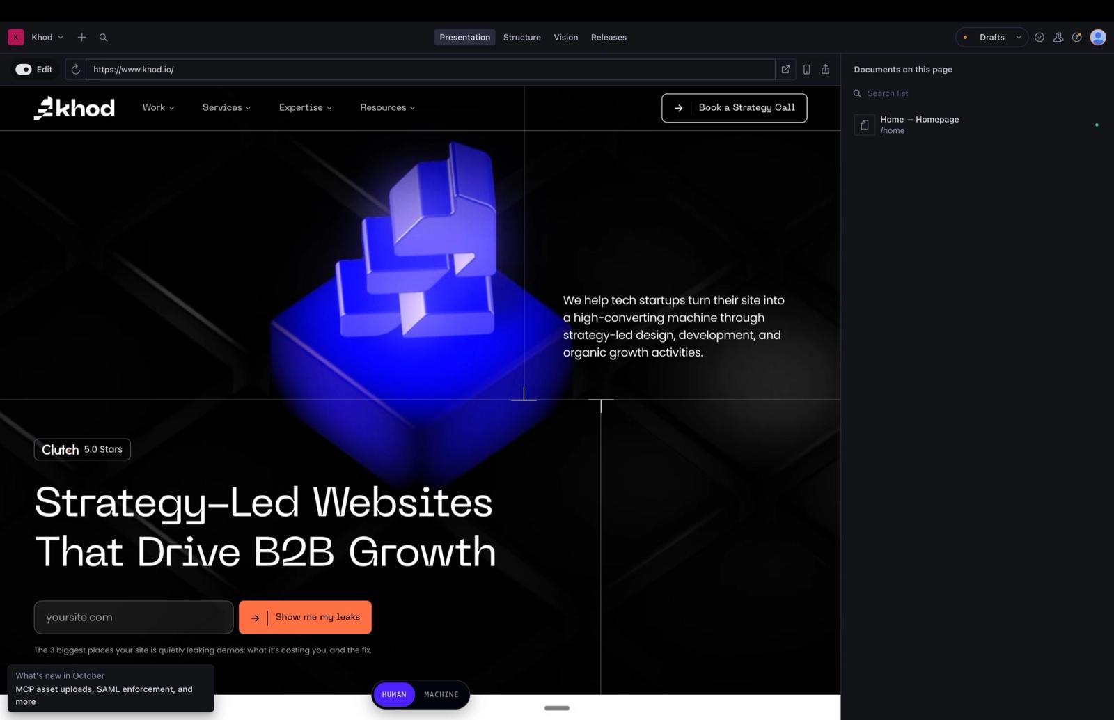 Sanity Studio Presentation view: the khod.io homepage on the left and the documents on that page on the right