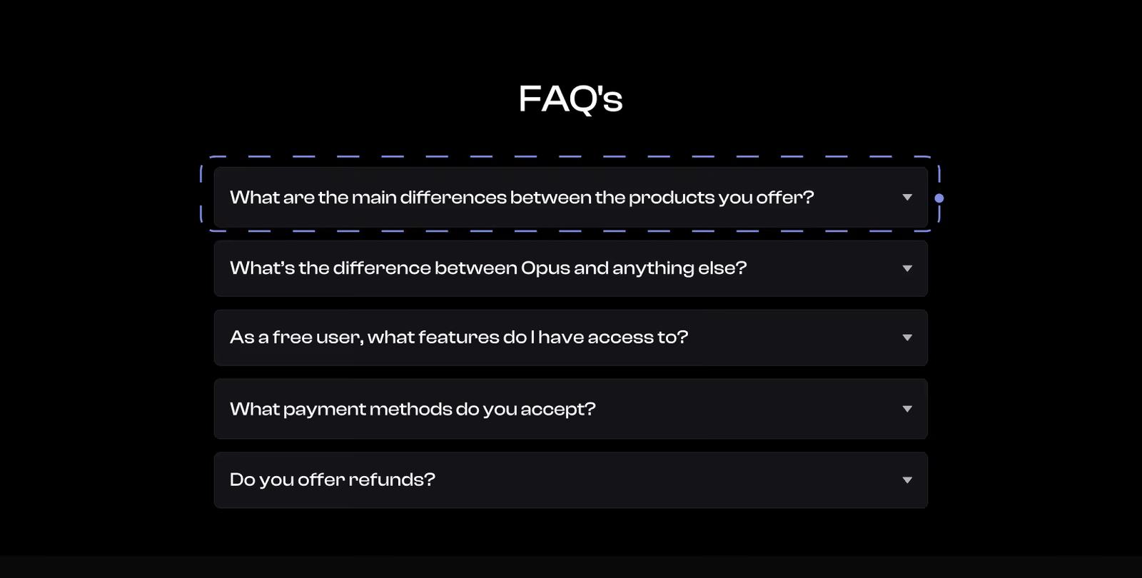 FAQ section example on a Web3 homepage