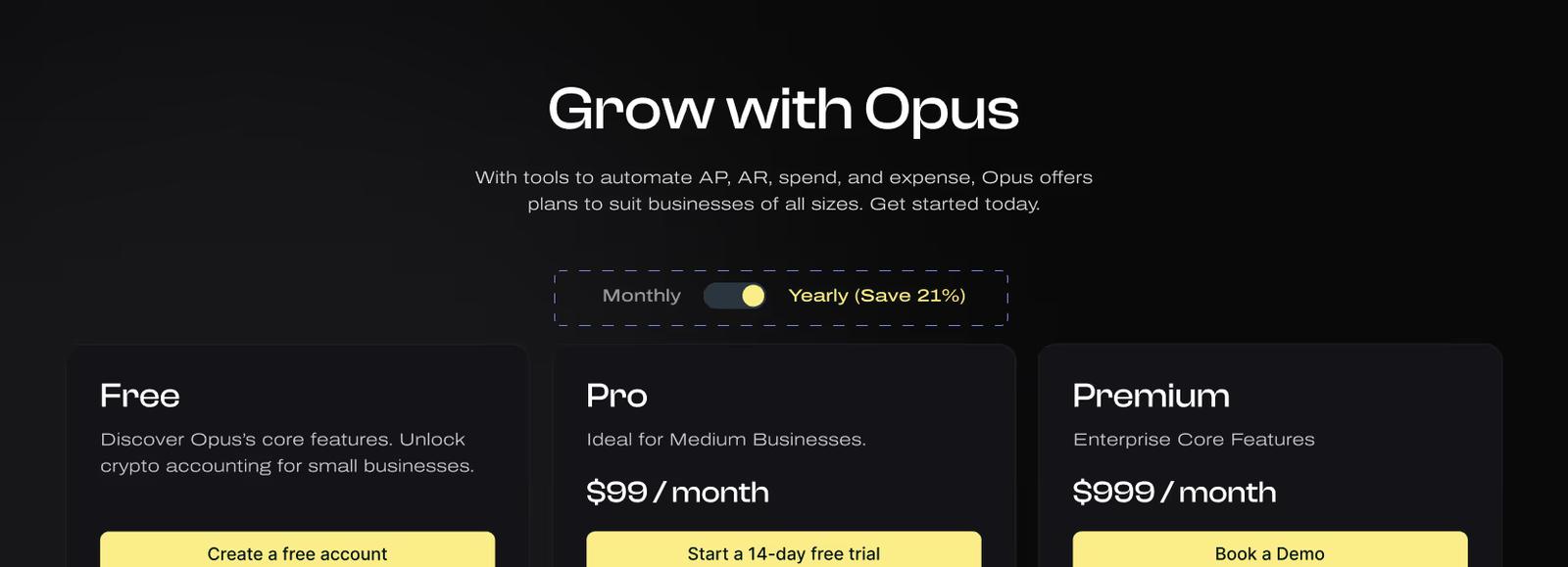Pricing plans with billing saving options on a Web3 pricing page