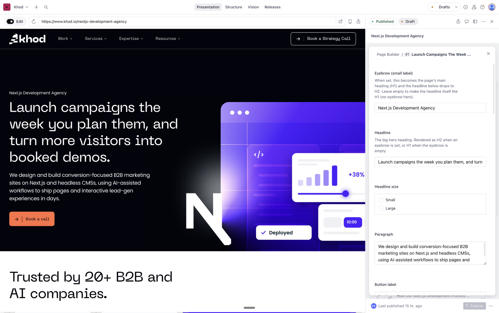 Khod's Sanity Studio setup with a Webflow-like page builder for khod.io