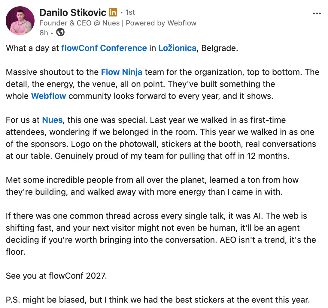 LinkedIn post recapping flowConf 2026 in Belgrade