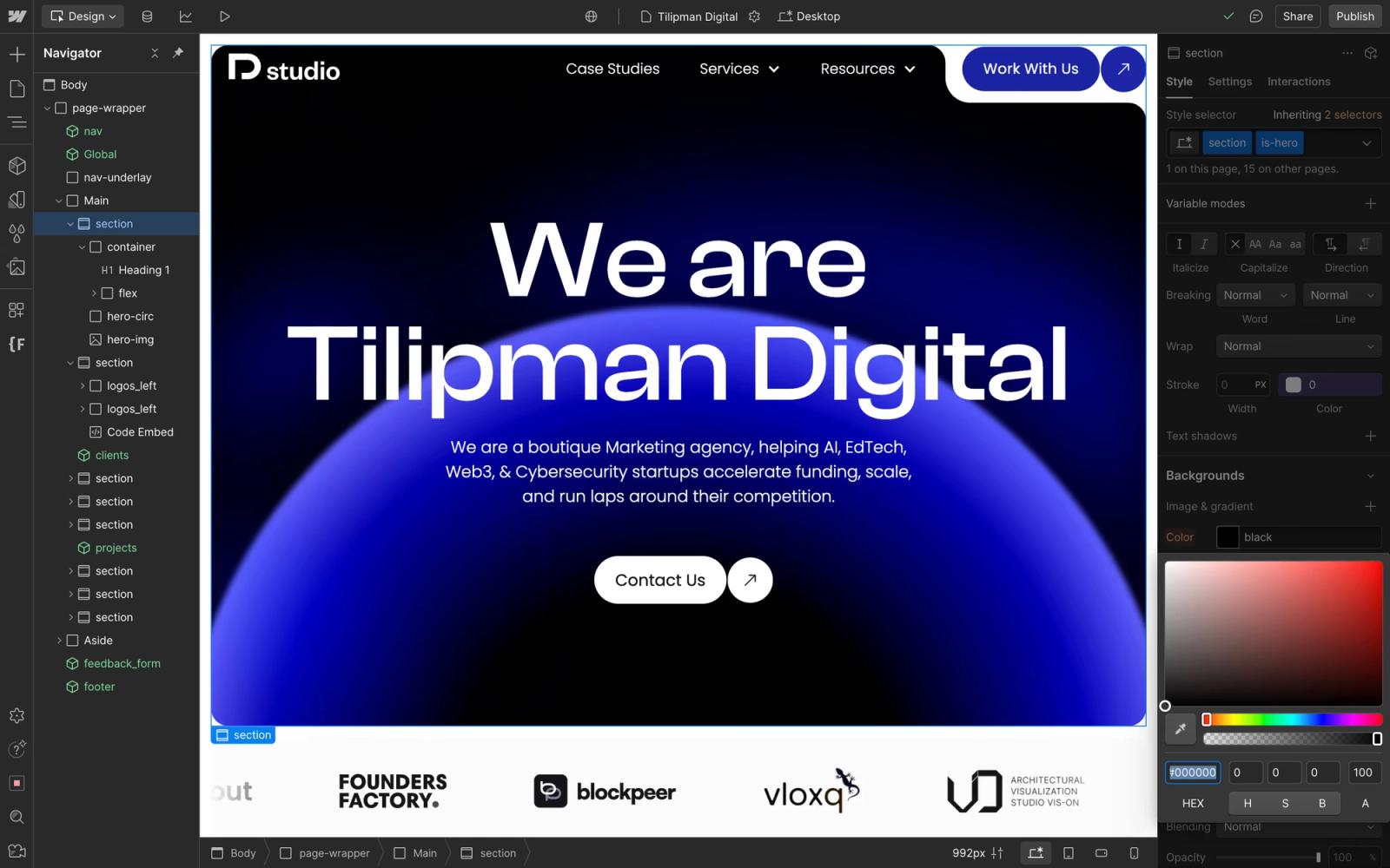 Change of Background Color in Webflow