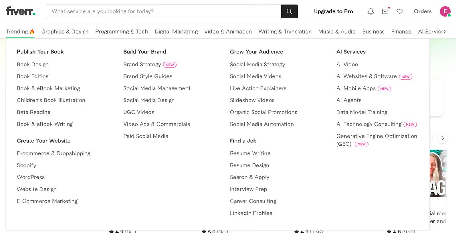Fiverr Meganav Menu Example
