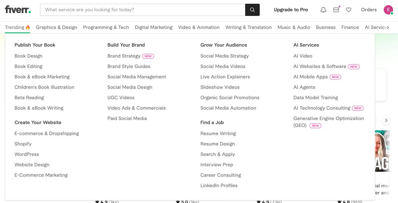 Fiverr Meganav Menu Example