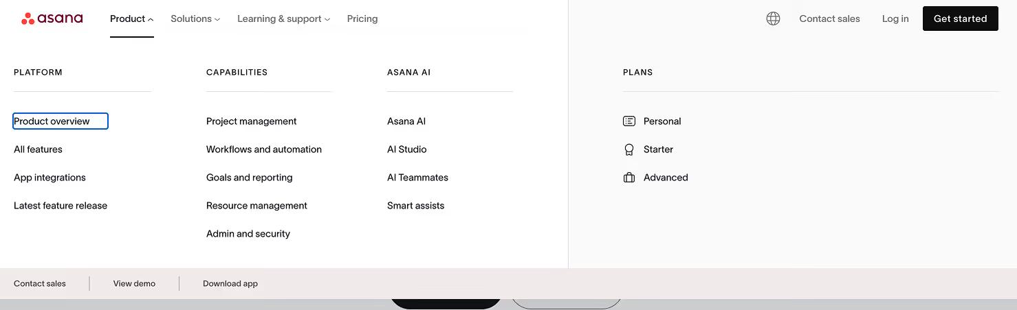 Asana Mega Menu Example