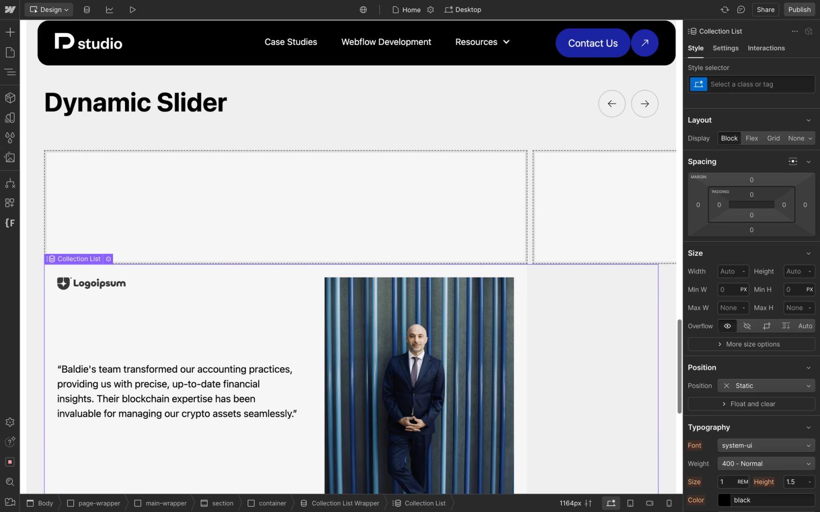 Webflow Designer screenshot showing slider setup steps
