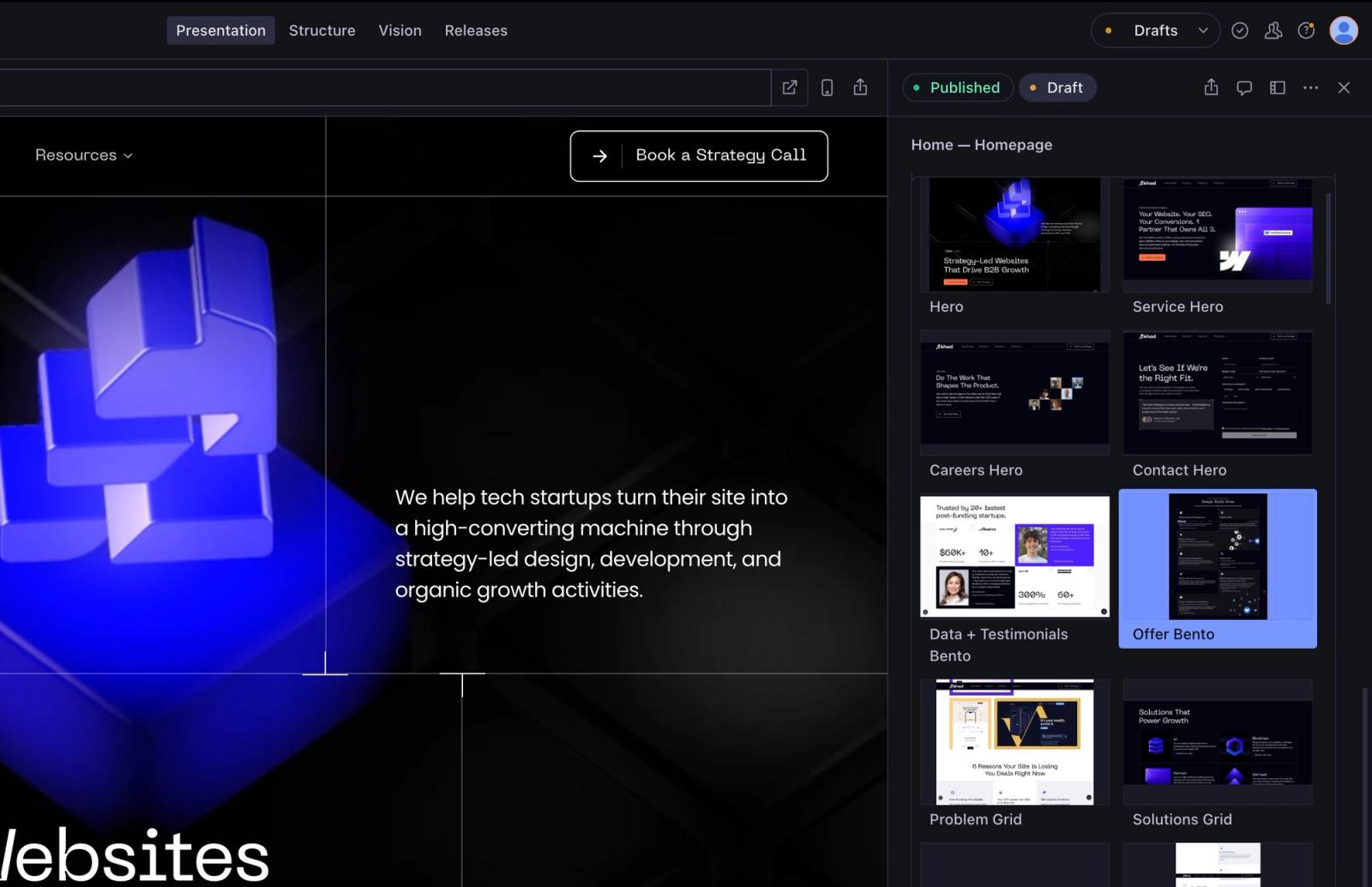 The Sanity Studio section picker on khod.io, showing preview thumbnails of each section type